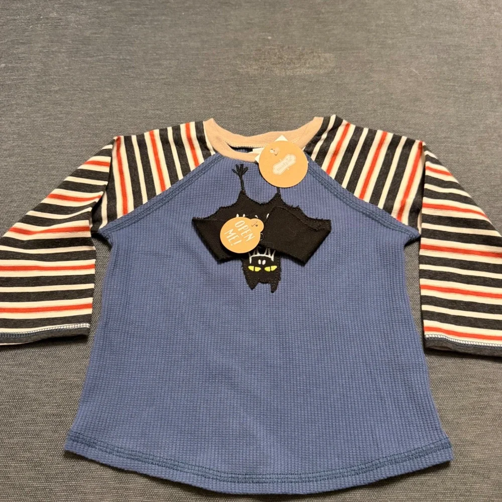 Mud Pie Kids Bat Halloween Tee Blue Waffle Knit Striped Raglan 12-18M 15100140B‎